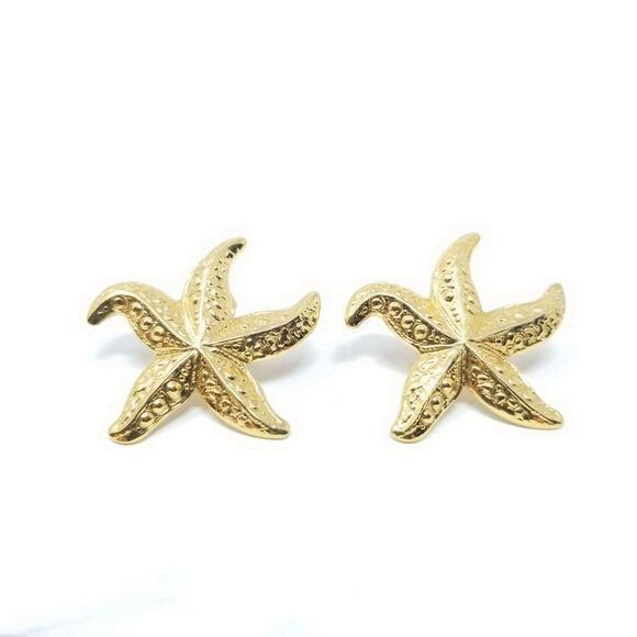 Vintage Starfish Gold Tone Post Earrings, Retro Beach Theme Studs, Estate - Picture 1 of 6